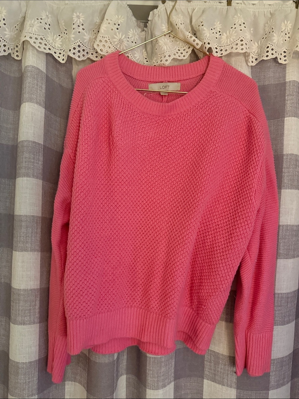 LOFT Bright Pink Crewneck Textured Sweater